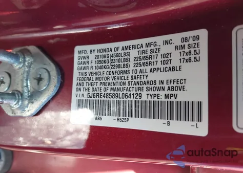 2009 Honda Cr-V Ex z USA, uszkodzony, nr VIN 5J6RE48589L064129